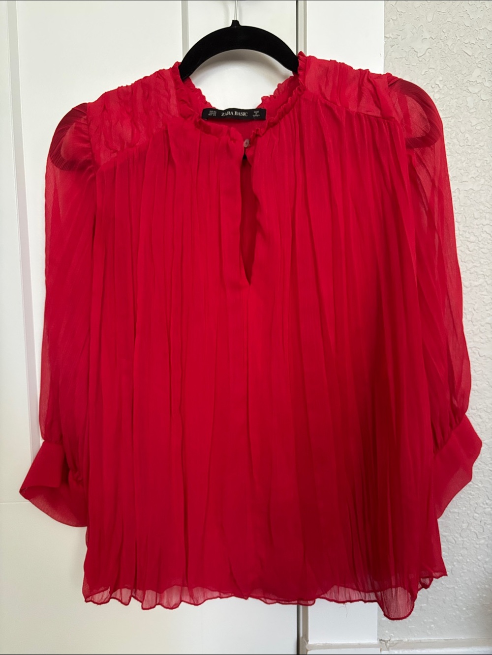 Zara Red Pleated Ruffle-Neck Blouse